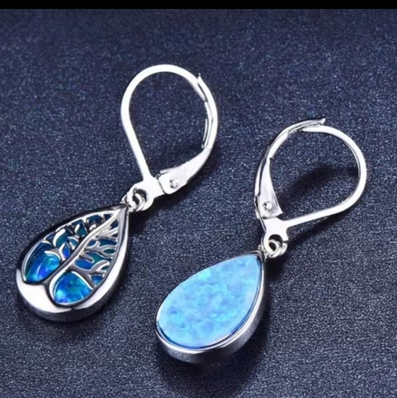 Price DROP-Sterling Silver Tree of Life Simulated Blue Opal Drop Earrings - Picture 3 of 7